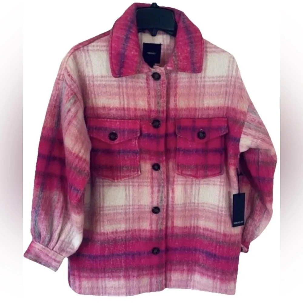 Forever 21 Plaid Flannel Pink Oversized Jacket Wool Blend Women’s MEDIUM New
